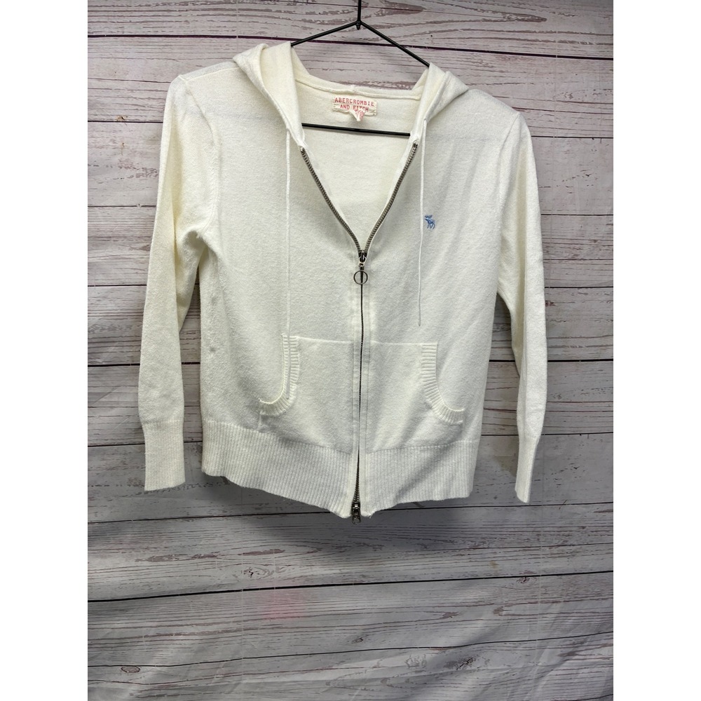 Abercrombie & Fitch Zip Up Knit Hoodie Coquette Y2K O-Ring Sweater M White